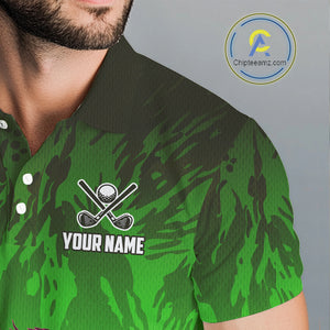 Funny Flamingo Green camo flame golf ball Mens Golf Polo Shirts Custom Flamingo Golf attire for men NQS9799