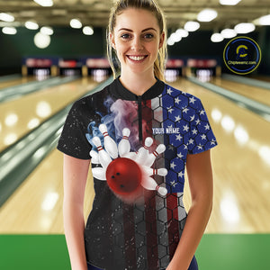 Smoke American Flag Vintage Women Bowling Polo, 1/4 Zip Shirts Custom Patriotic Bowling Team jerseys NQS9802