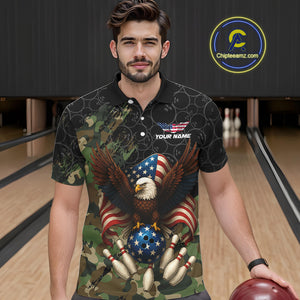 Black and Green Camo American Flag Eagle Bowling Shirts For Men Custom Patriotic Team Bowling Jersey NQS10573
