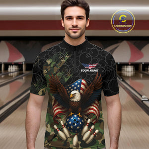 Black and Green Camo American Flag Eagle Bowling Shirts For Men Custom Patriotic Team Bowling Jersey NQS10573