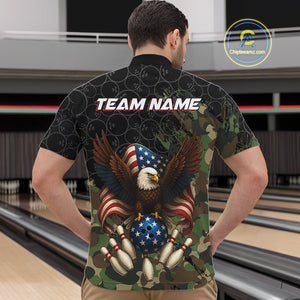 Black and Green Camo American Flag Eagle Bowling Shirts For Men Custom Patriotic Team Bowling Jersey NQS10573