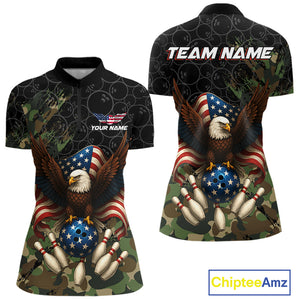 Black and Green Camo American Flag Eagle Bowling Shirt For Women Custom Patriotic Team Bowling Jersey NQS10573