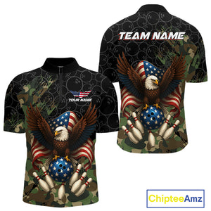 Black and Green Camo American Flag Eagle Bowling Shirts For Men Custom Patriotic Team Bowling Jersey NQS10573