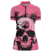 Load image into Gallery viewer, Pink Skull Bowling Polo, Quarter Zip Shirts for Women Custom Skull Bowling Team Shirts Uniform NQS9623