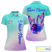 Load image into Gallery viewer, Custom Cyan Blue And Purple Glitter Butterfly Women Bowling Team Shirts, Ladies Bowling League Shirt NQS11704