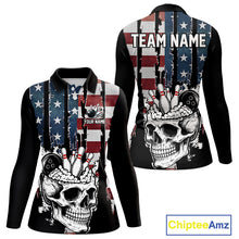 Load image into Gallery viewer, Vintage American Flag retro skull bowling shirts for Women Custom patriotic Bowling Team Outfit NQS10048