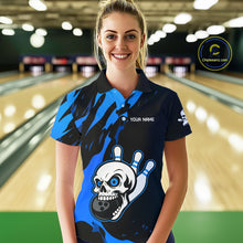 Load image into Gallery viewer, Black and Blue Skull Bowling Shirts for Women Custom Team bowling jersey, gift for bowlers NQS11708