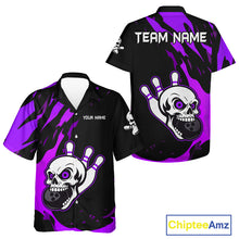 Load image into Gallery viewer, Black and Purple Skull Bowling Button-up Shirt Custom Team bowling Hawaiian jersey, gift for bowlers NQS11710