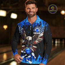Load image into Gallery viewer, Blue flame Mens bowling polo shirts Custom American flag Eagle Team bowling shirts, gift for bowlers NQS7403
