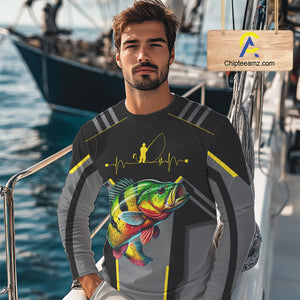 Personalized Black Peacock Bass Fishing jersey, Team Bass Fishing Long Sleeve tournament shirt| Yellow NQS9823