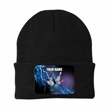 Load image into Gallery viewer, Blue Lightning Thunder Bowling Ball and Pins Custom Rectangle Patch Bowling Knit Beanie Hat NQS10799