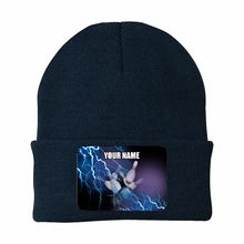 Load image into Gallery viewer, Blue Lightning Thunder Bowling Ball and Pins Custom Rectangle Patch Bowling Knit Beanie Hat NQS10799