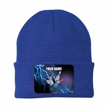 Load image into Gallery viewer, Blue Lightning Thunder Bowling Ball and Pins Custom Rectangle Patch Bowling Knit Beanie Hat NQS10799