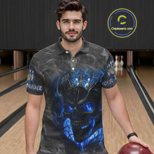 Load image into Gallery viewer, Grey Smoke Blue Flame Skull Bowling Polo, Quarter Zip Shirts For Men Custom Team Bowling Jerseys NQS11182