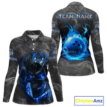 Load image into Gallery viewer, Grey Smoke Blue Flame Skull Bowling Polo, Quarter Zip Shirts For Women Custom Team Bowling Jerseys NQS11182