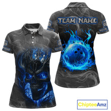 Load image into Gallery viewer, Grey Smoke Blue Flame Skull Bowling Polo, Quarter Zip Shirts For Women Custom Team Bowling Jerseys NQS11182