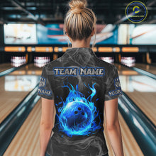 Load image into Gallery viewer, Grey Smoke Blue Flame Skull Bowling Polo, Quarter Zip Shirts For Women Custom Team Bowling Jerseys NQS11182