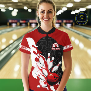 Black and Red Camo Bowling Polo, Quarter Zip Shirt For Women custom Bowling Team Jerseys Uniform NQS10380