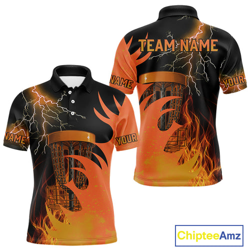 Black and Orange Flame Lightning Thunder Mens Disc golf polo shirts Custom team disc golf outfit NQS10812