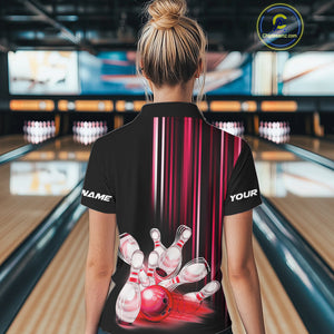 Black and red light Women bowling Polo, Quarter Zip Shirt Custom bowling ball and pins Team jerseys NQS9828