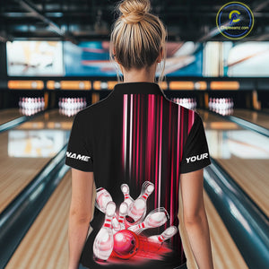 Black and red light Women bowling Polo, Quarter Zip Shirt Custom bowling ball and pins Team jerseys NQS9828