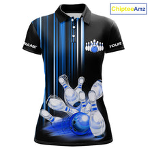 Load image into Gallery viewer, Black and blue light Women bowling Polo, Quarter Zip Shirt Custom bowling ball and pins Team jerseys NQS9829