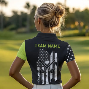 Black White Retro American Flag Golf Polo Shirt for Women Custom Patriotic Golf Team Shirt | Green NQS9637
