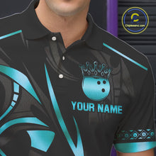 Load image into Gallery viewer, Black and Cyan Blue crown Bowling ball Polo, Quarter Zip Shirts for Men Custom Bowling Team jerseys NQS10075
