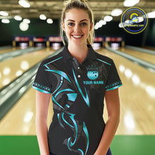 Load image into Gallery viewer, Black and Cyan Blue crown Bowling ball Polo, Quarter Zip Shirts for Women Custom Bowling Team jerseys NQS10075