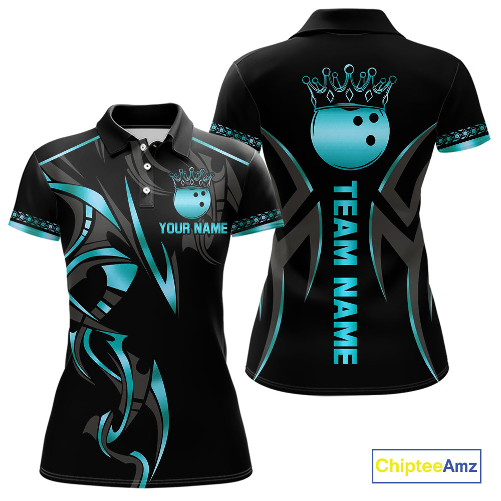 Black and Cyan Blue crown Bowling ball Polo, Quarter Zip Shirts for Women Custom Bowling Team jerseys NQS10075