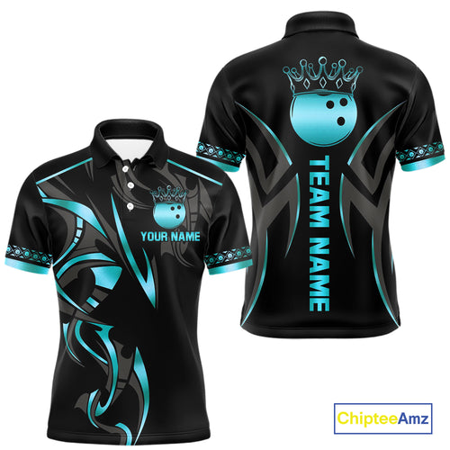 Black and Cyan Blue crown Bowling ball Polo, Quarter Zip Shirts for Men Custom Bowling Team jerseys NQS10075