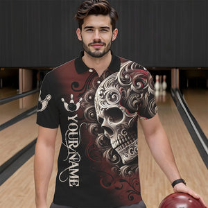 Red and Black Skull Scroll Men Bowling Polo, Quarter Zip Shirts Custom Skull Team bowling Jersey NQS9331