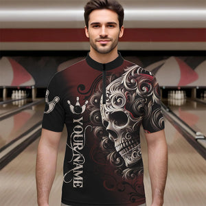 Red and Black Skull Scroll Men Bowling Polo, Quarter Zip Shirts Custom Skull Team bowling Jersey NQS9331