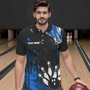 Black and Blue Mens bowling shirts Custom retro bowling ball and pins bowling team league jerseys NQS9474
