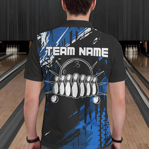 Black and Blue Mens bowling shirts Custom retro bowling ball and pins bowling team league jerseys NQS9474