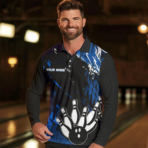 Black and Blue Mens bowling shirts Custom retro bowling ball and pins bowling team league jerseys NQS9474