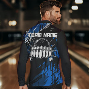 Black and Blue Mens bowling shirts Custom retro bowling ball and pins bowling team league jerseys NQS9474