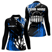 Load image into Gallery viewer, Black and Blue Womens bowling shirts Custom retro bowling ball and pins bowling team league jerseys NQS9474