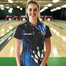 Load image into Gallery viewer, Black and Blue Womens bowling shirts Custom retro bowling ball and pins bowling team league jerseys NQS9474