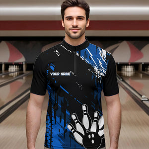 Black and Blue Mens bowling shirts Custom retro bowling ball and pins bowling team league jerseys NQS9474