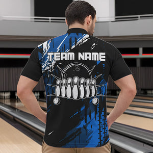 Black and Blue Mens bowling shirts Custom retro bowling ball and pins bowling team league jerseys NQS9474