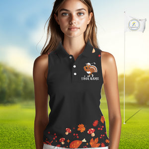 Funny black orange Thanksgiving pattern Sleeveless Golf Polo Shirt For Women custom Turkey golf tops NQS10838