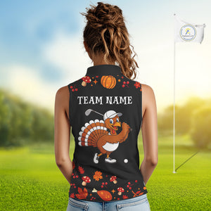 Funny black orange Thanksgiving pattern Sleeveless Golf Polo Shirt For Women custom Turkey golf tops NQS10838