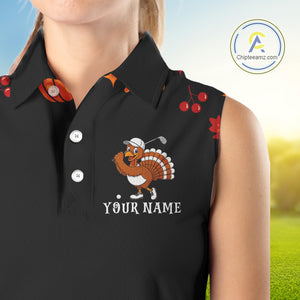 Funny black orange Thanksgiving pattern Sleeveless Golf Polo Shirt For Women custom Turkey golf tops NQS10838