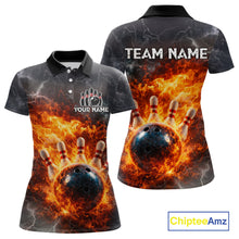 Load image into Gallery viewer, Custom Orange Flame Lightning Thunder Bowling shirts for Women, bowling team jerseys gift for bowlers NQS11618