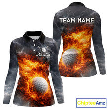 Load image into Gallery viewer, Custom Orange Flame Lightning Thunder Womens Golf Polo Shirt, Golf attire For Ladies Golfing Gifts NQS11619