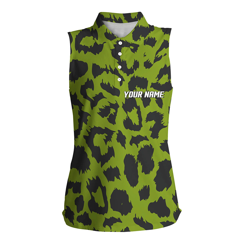 Womens sleeveless polo shirts custom lime green leopard pattern golf shirts, team golf shirts ladies NQS5431