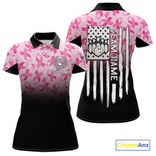 Load image into Gallery viewer, Pink ribbon pattern Women bowling shirt Custom American flag patriotic breast cancer bowling jersey NQS10411