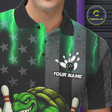 Load image into Gallery viewer, Black American flag Men's bowling shirts Custom Green lightning thunder Turtle Bowling Team Jerseys NQS10623