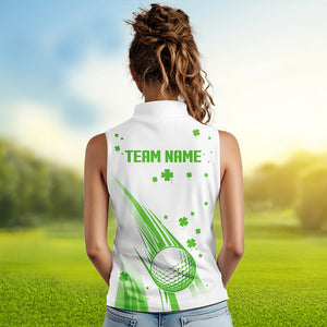 Green & White shamrock Lucky Women sleeveless polo shirt Custom St Patrick Day golf attire for ladies NQS9500